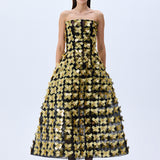 3D Gold Flower Embellished Strapless Gown
