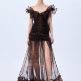 Leopard Print Organza Maxi Dress With Bow Detail
