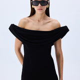 Black Stretchy Jersey Cowl Neckline Corseted Sculptural Dress