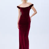 Burgundy Stretchy Velvet Cowl Neckline Corseted Sculptural Dress