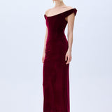 Burgundy Stretchy Velvet Cowl Neckline Corseted Sculptural Dress