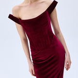 Burgundy Stretchy Velvet Cowl Neckline Corseted Sculptural Dress