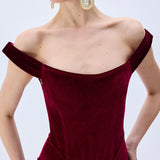 Burgundy Stretchy Velvet Cowl Neckline Corseted Sculptural Dress