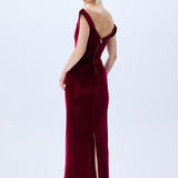 Burgundy Stretchy Velvet Cowl Neckline Corseted Sculptural Dress