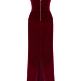Burgundy Stretchy Velvet Cowl Neckline Corseted Sculptural Dress