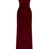 Burgundy Stretchy Velvet Cowl Neckline Corseted Sculptural Dress