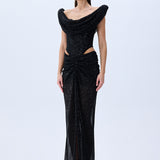 Black Sequined Tulle Cowl Neckline Corseted Sculptural Dress