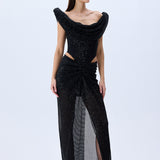 Black Sequined Tulle Cowl Neckline Corseted Sculptural Dress