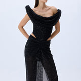 Black Sequined Tulle Cowl Neckline Corseted Sculptural Dress