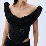 Black Sequined Tulle Cowl Neckline Corseted Sculptural Dress