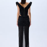 Black Sequined Tulle Cowl Neckline Corseted Sculptural Dress