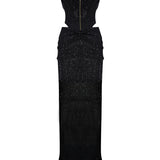 Black Sequined Tulle Cowl Neckline Corseted Sculptural Dress