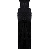 Black Sequined Tulle Cowl Neckline Corseted Sculptural Dress