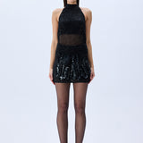 Black Halter Neck Sequined Tulle Mini Dress With Patent Feathers And Black Crystals