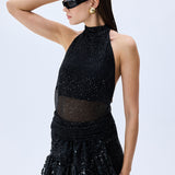 Black Halter Neck Sequined Tulle Mini Dress With Patent Feathers And Black Crystals