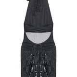 Black Halter Neck Sequined Tulle Mini Dress With Patent Feathers And Black Crystals
