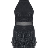 Black Halter Neck Sequined Tulle Mini Dress With Patent Feathers And Black Crystals