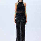 Black Halter Neck Sequined Tulle Maxi Dress With Patent Feathers And Black Crystals