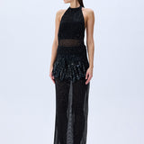 Black Halter Neck Sequined Tulle Maxi Dress With Patent Feathers And Black Crystals