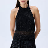 Black Halter Neck Sequined Tulle Maxi Dress With Patent Feathers And Black Crystals