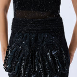 Black Halter Neck Sequined Tulle Maxi Dress With Patent Feathers And Black Crystals