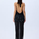 Black Halter Neck Sequined Tulle Maxi Dress With Patent Feathers And Black Crystals