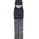 Black Halter Neck Sequined Tulle Maxi Dress With Patent Feathers And Black Crystals