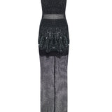 Black Halter Neck Sequined Tulle Maxi Dress With Patent Feathers And Black Crystals