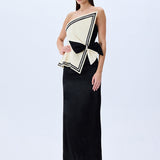 Cream Shantung Corseted Black Satin Dress With Crystal Border