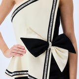 Cream Shantung Corseted Black Satin Dress With Crystal Border