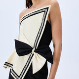 Cream Shantung Corseted Black Satin Dress With Crystal Border
