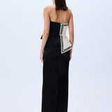 Cream Shantung Corseted Black Satin Dress With Crystal Border