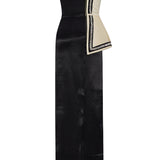 Cream Shantung Corseted Black Satin Dress With Crystal Border