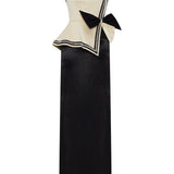 Cream Shantung Corseted Black Satin Dress With Crystal Border