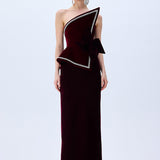 Burgundy Silk Velvet Corseted Architectural Dress With Crystal Border