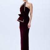 Burgundy Silk Velvet Corseted Architectural Dress With Crystal Border
