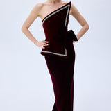 Burgundy Silk Velvet Corseted Architectural Dress With Crystal Border