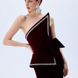 Burgundy Silk Velvet Corseted Architectural Dress With Crystal Border