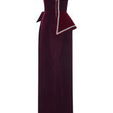 Burgundy Silk Velvet Corseted Architectural Dress With Crystal Border
