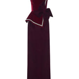 Burgundy Silk Velvet Corseted Architectural Dress With Crystal Border