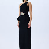 Black Crepe Corseted Architectural Midi Dress With Crystal Belt