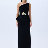 Black Crepe Corseted Architectural Midi Dress With Crystal Belt