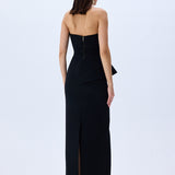 Black Crepe Corseted Architectural Midi Dress With Crystal Belt
