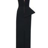 Black Crepe Corseted Architectural Midi Dress With Crystal Belt