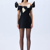 Black Satin Mini Dress With Bow Detail