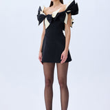 Black Satin Mini Dress With Bow Detail