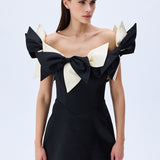 Black Satin Mini Dress With Bow Detail