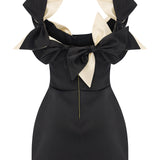 Black Satin Mini Dress With Bow Detail