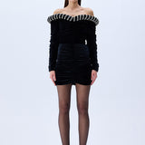 Black Crepe Mini Dress With Crystal Rope Bustline