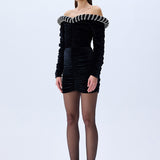 Black Crepe Mini Dress With Crystal Rope Bustline